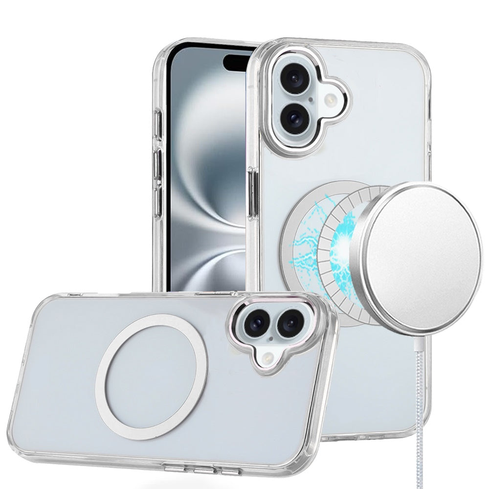 For iPhone 16 6.1inch Case Metal Buttons Trans-Clear Phone Cover +Tempered Glass