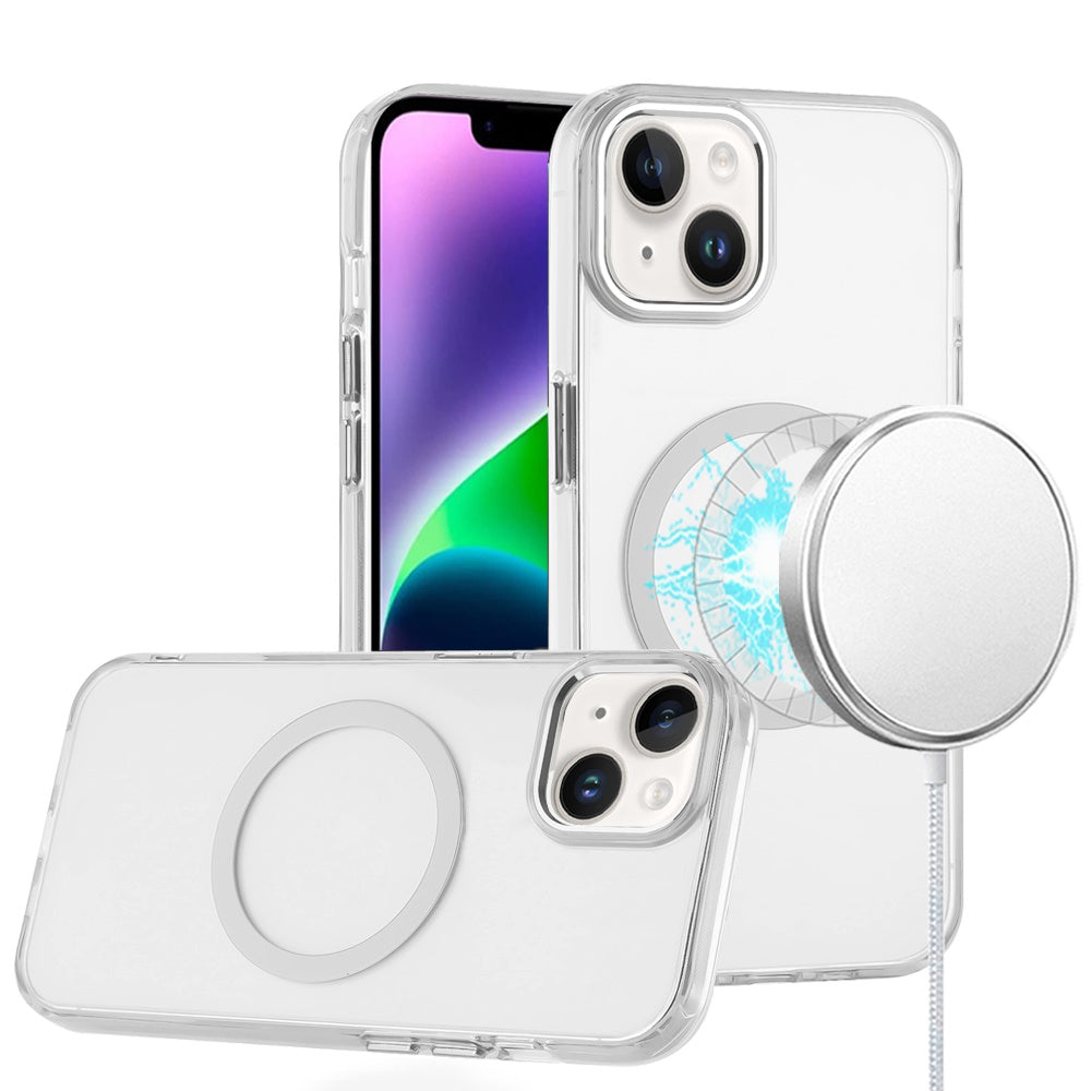 For iPhone 13/14 Case Trans-Clear Acrylic with Metal Buttons + Tempered Glass