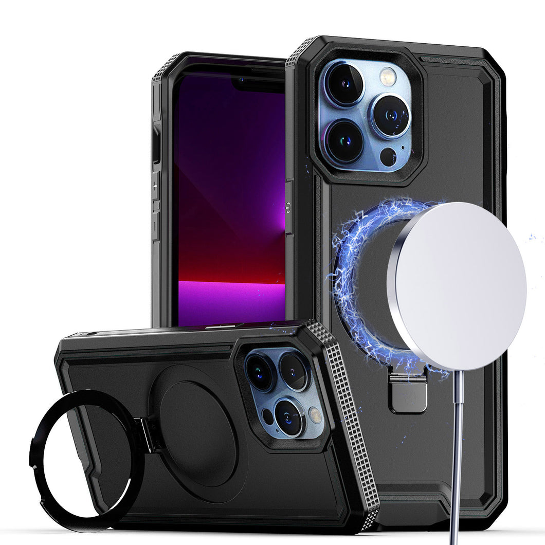 For iPhone 11 6.1 in. Case Magnetic Circle w/ Stand Fused Cover + Tempered Glass