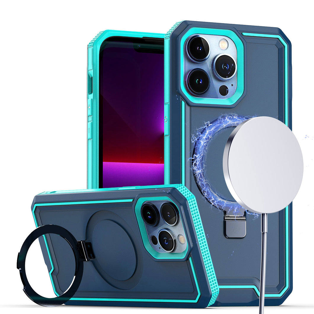 For iPhone 11 6.1 in. Case Magnetic Circle w/ Stand Fused Cover + Tempered Glass