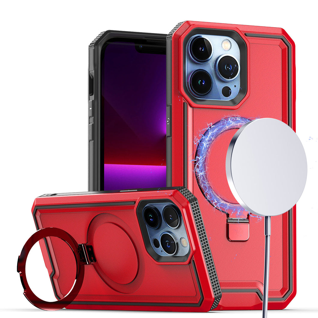 For iPhone 15 Case Premium Magnetic Circle Stand Fused Cover + 2 Tempered Glass