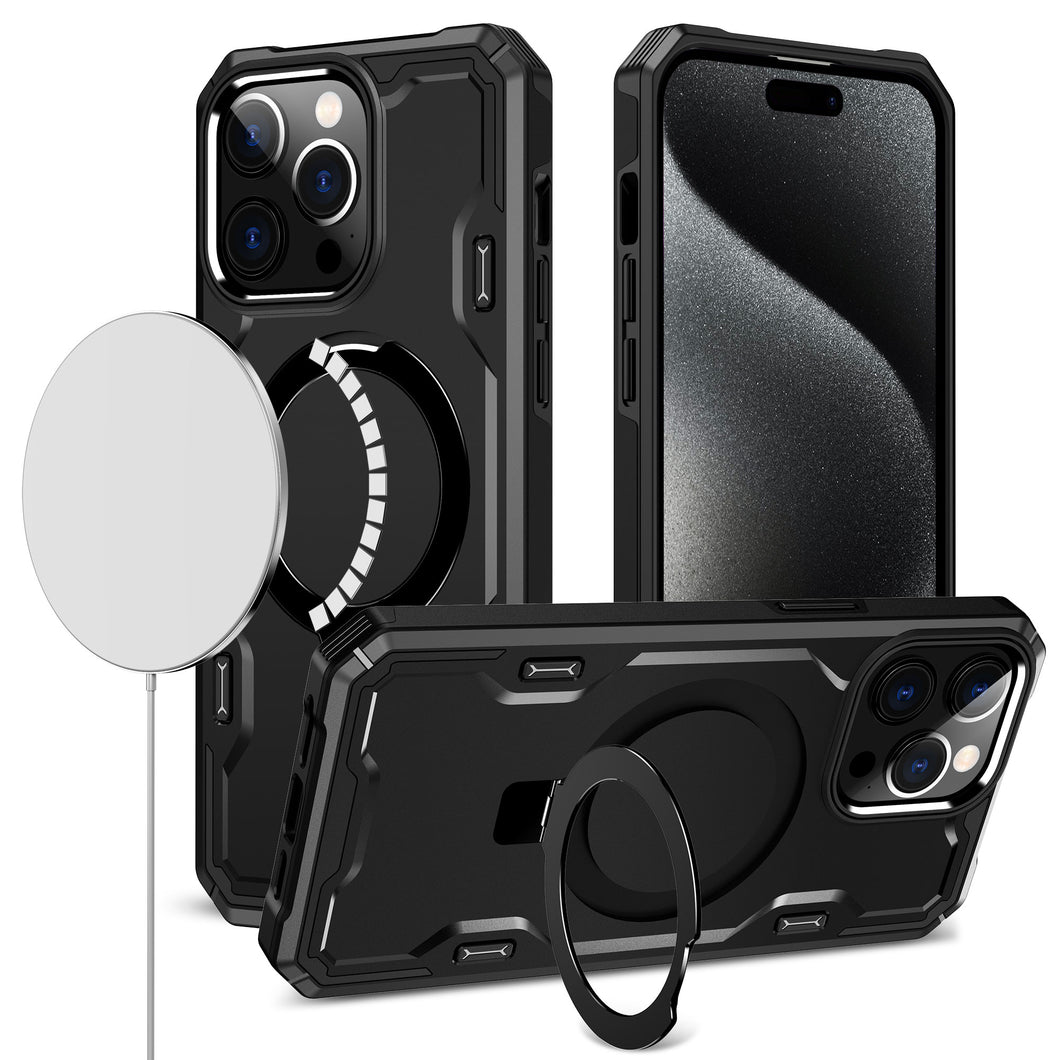 For iPhone 15 Case Magnetic Circle Stand Shockproof Cover + 2 Tempered Glass