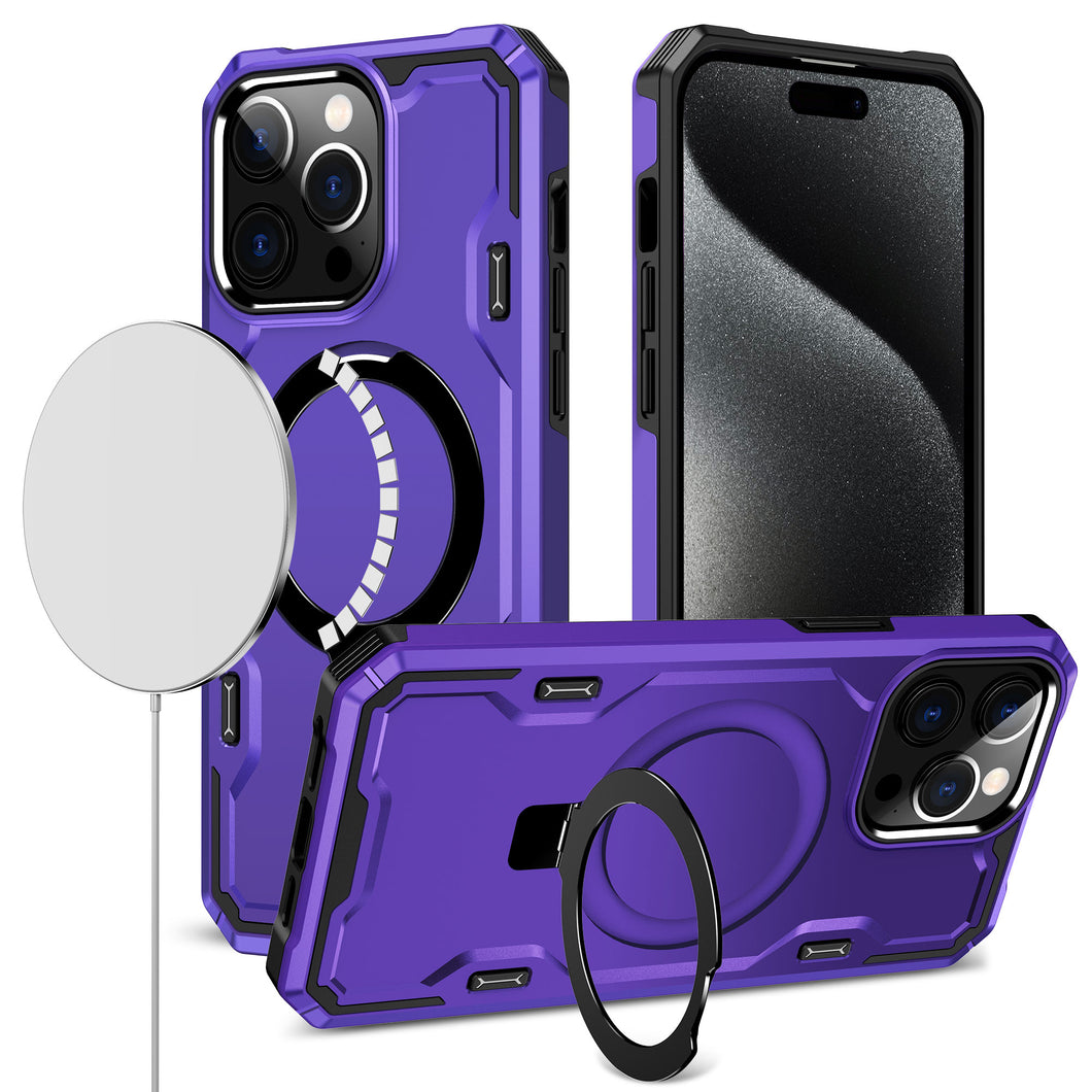 For iPhone 11 6.1 in. Case Magnet Circle Stand Shockproof Cover + Tempered Glass