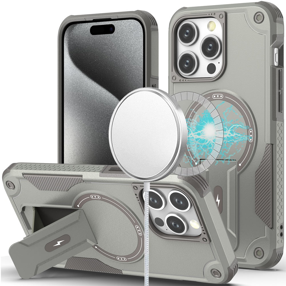 For iPhone 15 Pro Max Case Magnetic Circle Rugged Grip Stand + 2 Tempered Glass