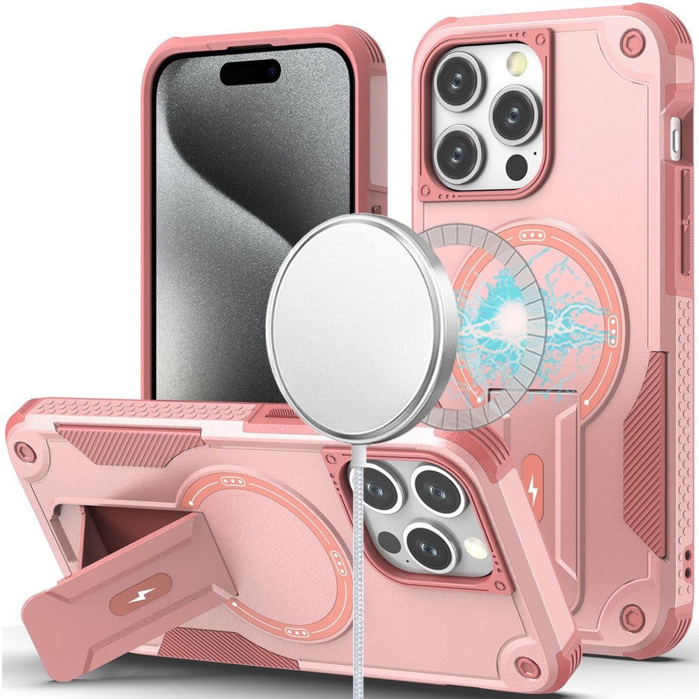 For iPhone 15 Pro Max Case Magnetic Circle Rugged Grip Stand + 2 Tempered Glass