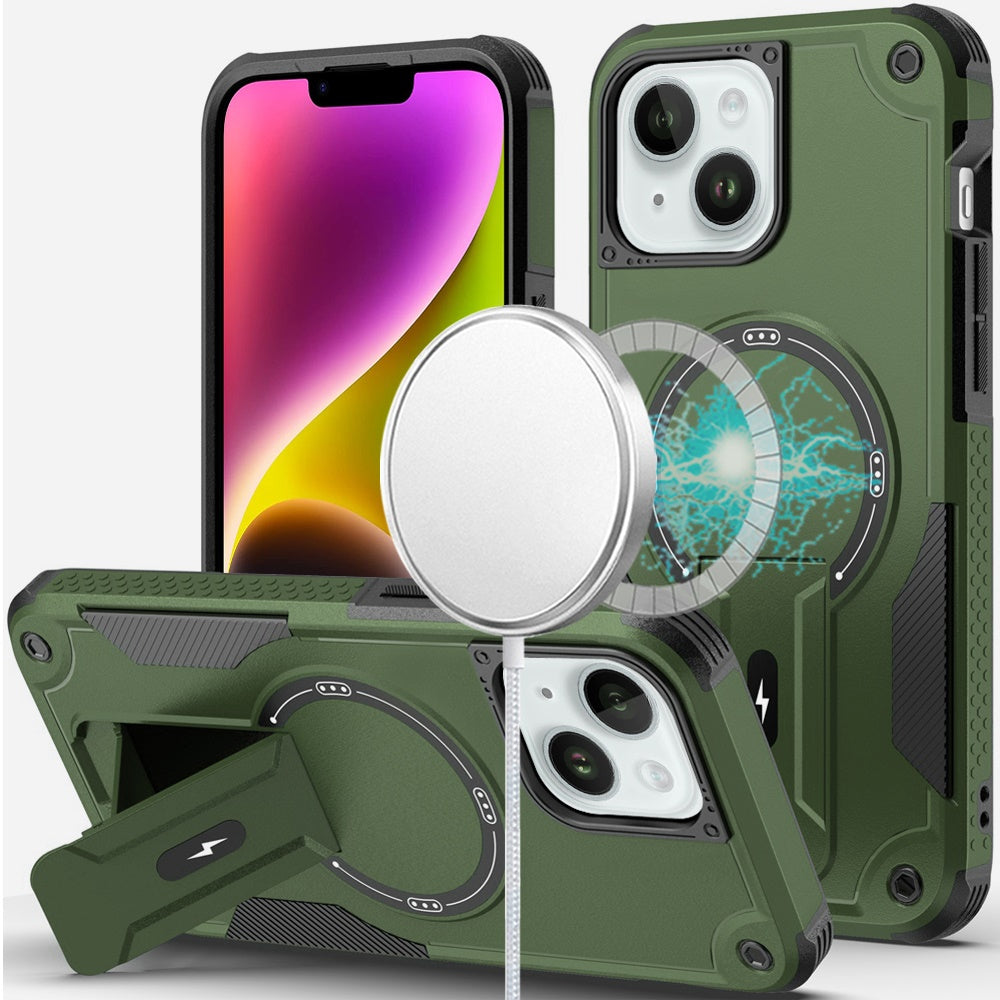 For iPhone 13/14 Case Magnetic Circle Rugged Grip Kickstand + Tempered Glass