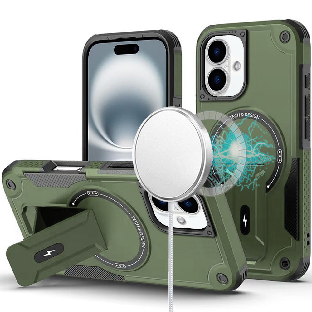 For iPhone 16 Plus 6.7in Case Magnetic Circle Grip Kickstand + Tempered Glass