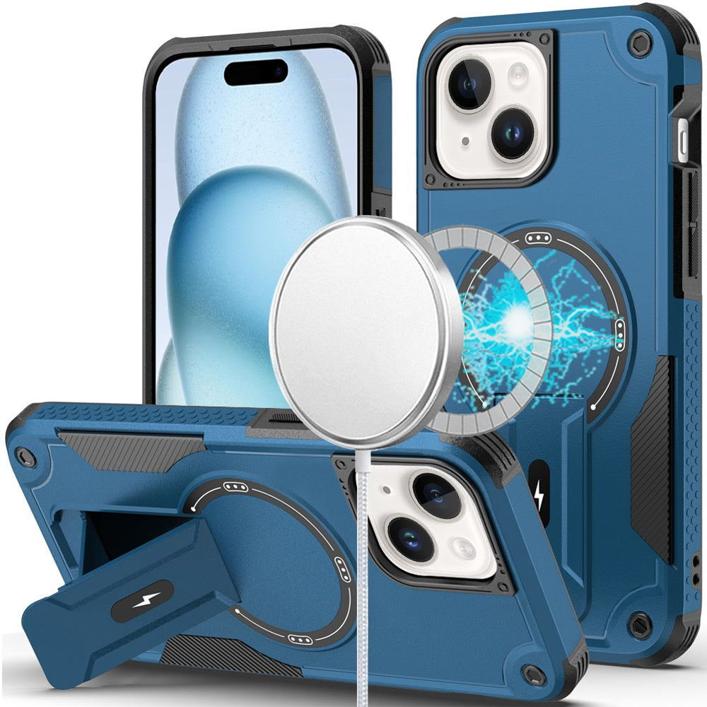 For iPhone 15 Case Magnetic Circle Rugged Grip Kickstand + 2 Tempered Glass