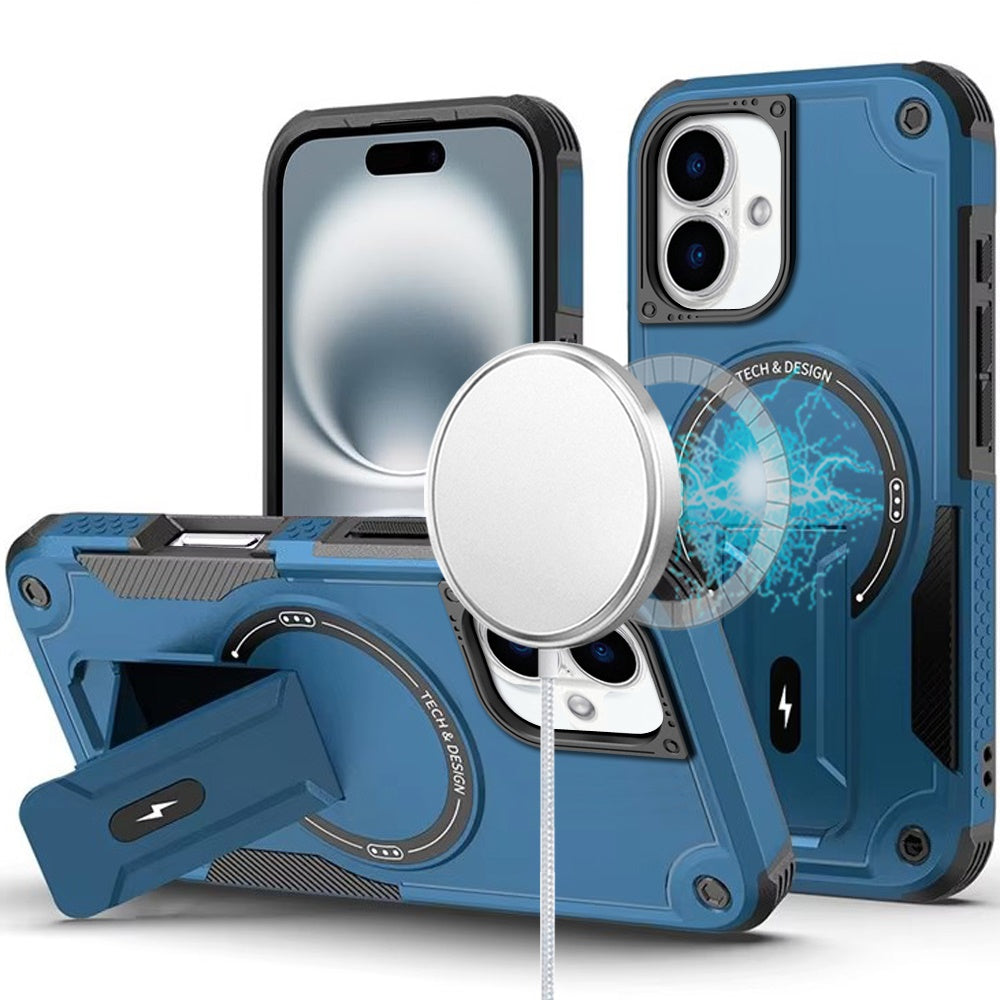 For iPhone 16 6.1inch Case Magnetic Circle Grip Kickstand Cover + Tempered Glass