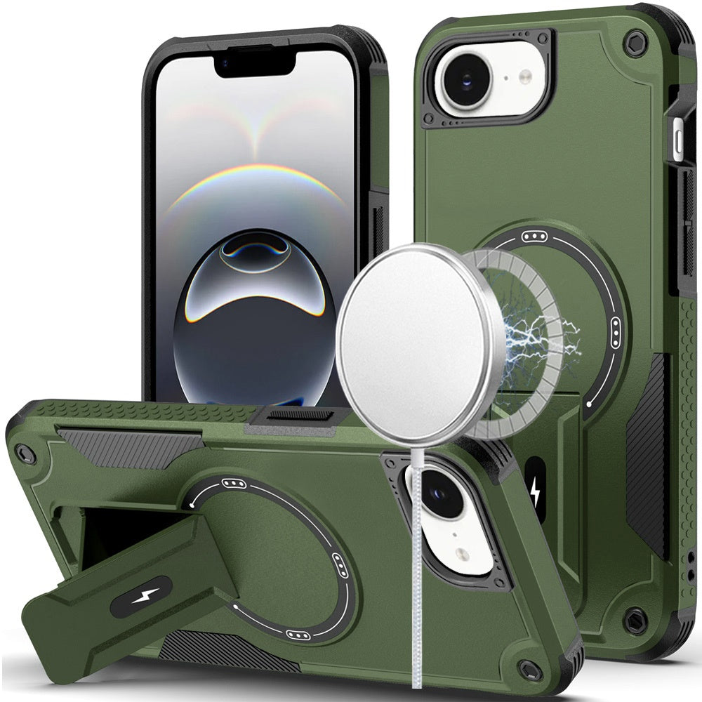 For iPhone 16e Case Magnetic Circle Rugged Grip Kickstand Cover + Tempered Glass