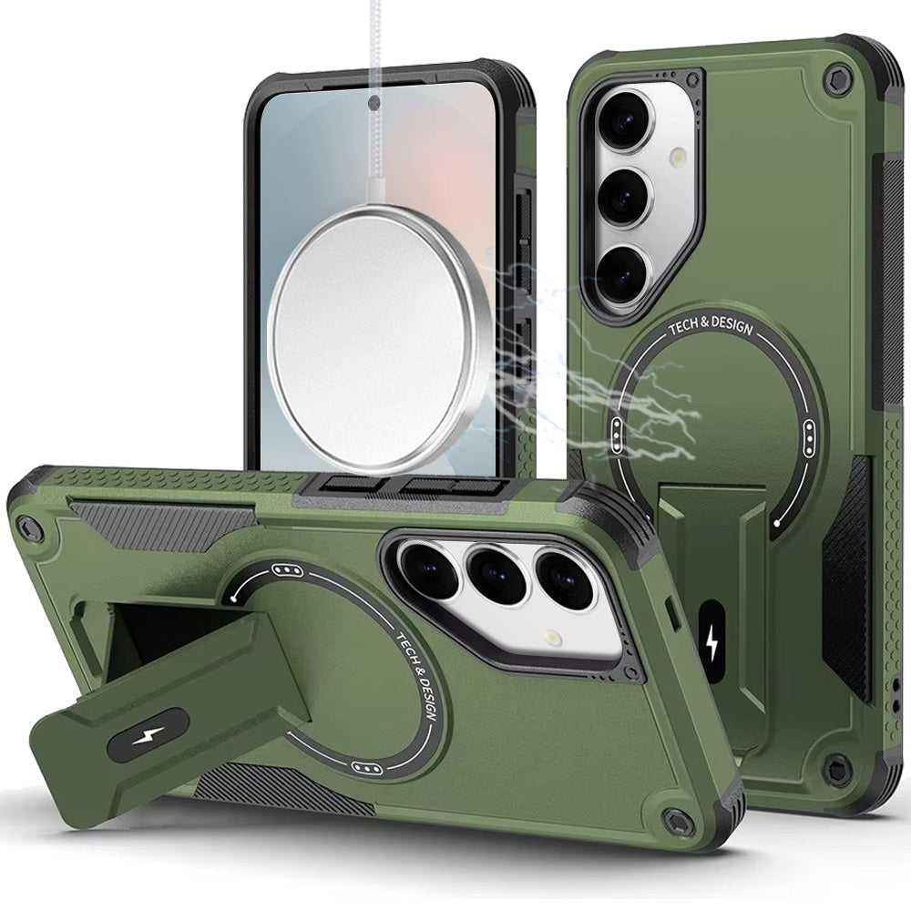 For Samsung S25 FE Case Magnetic Circle Rugged Grip Kickstand + Tempered Glass