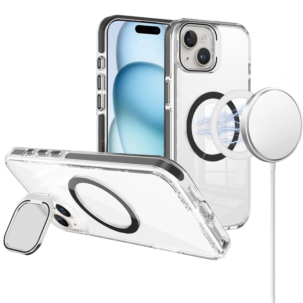 For iPhone 15 Case Camera Stand Cover Magnetic Cicle Cover + 2 Tempered Glass
