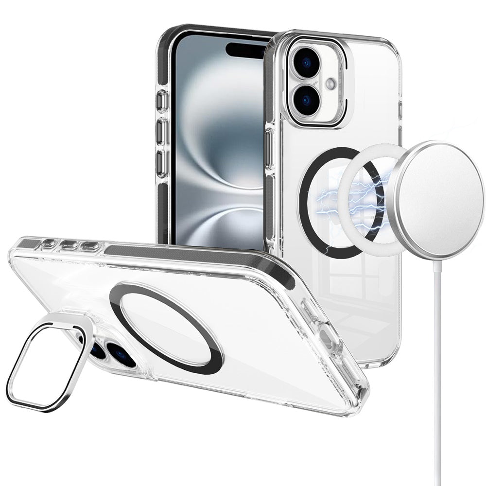 For iPhone 16 6.1inch Case Camera Stand Cover Magnetic Charging + Tempered Glass