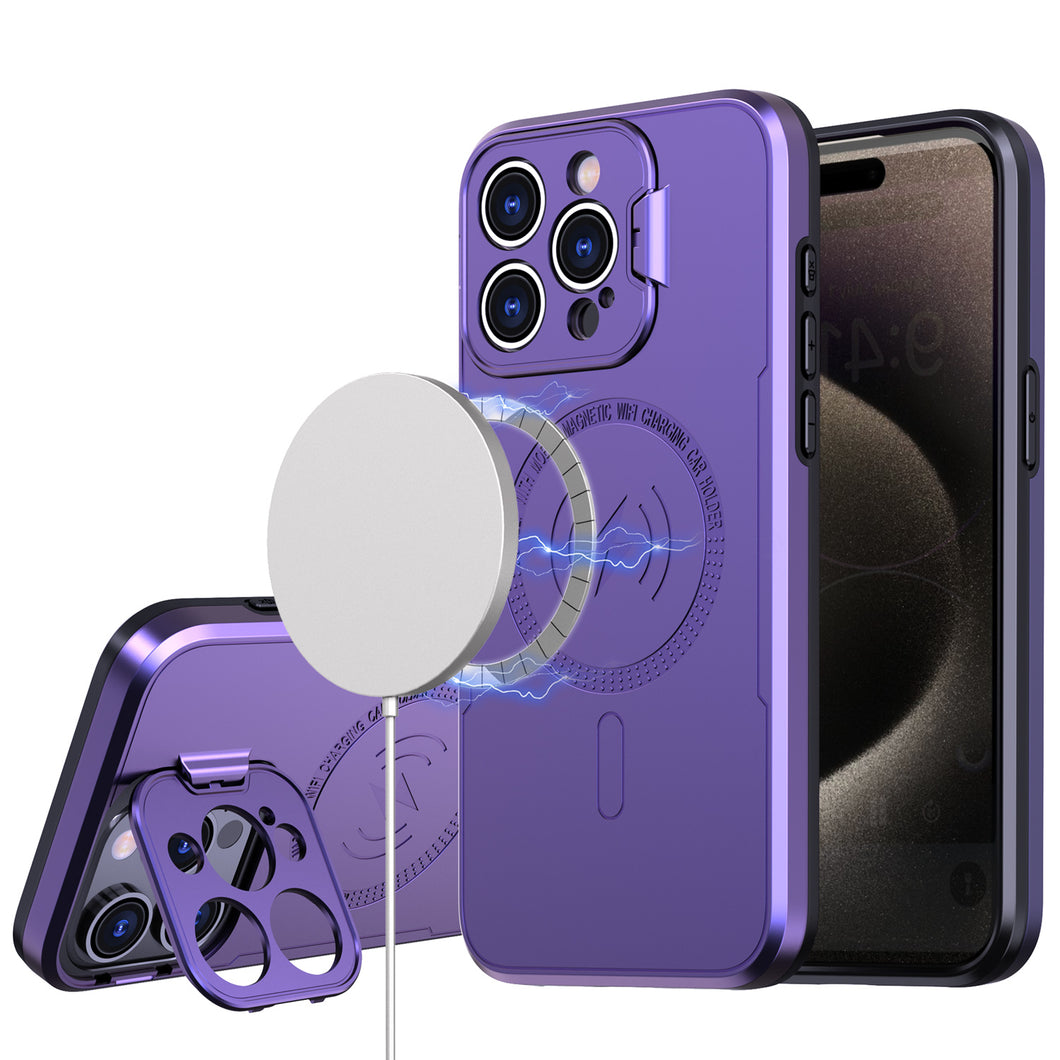 For iPhone 11 6.1 in. Case Magnetic Circle Rear Lens Cover Stand +Tempered Glass