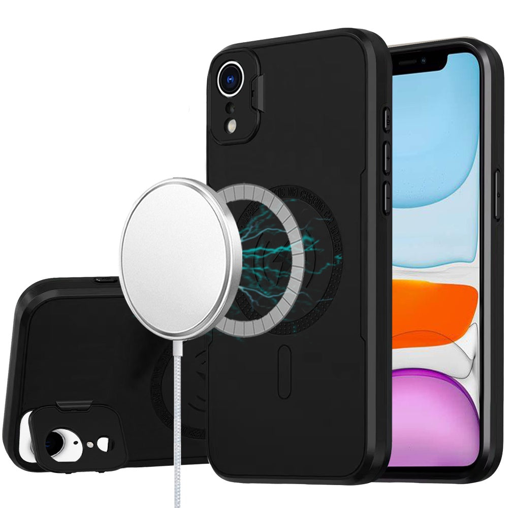 For iPhone XR Case Magnetic Circle Rear Camera Lens Cover Stand +Tempered Glass