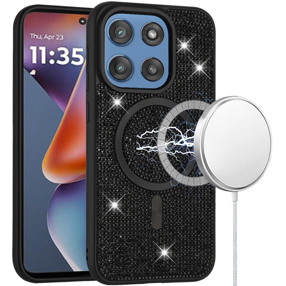 For Moto G 2025 Case Magnetic Circle Full Bling Crystals Dazzle + Tempered Glass