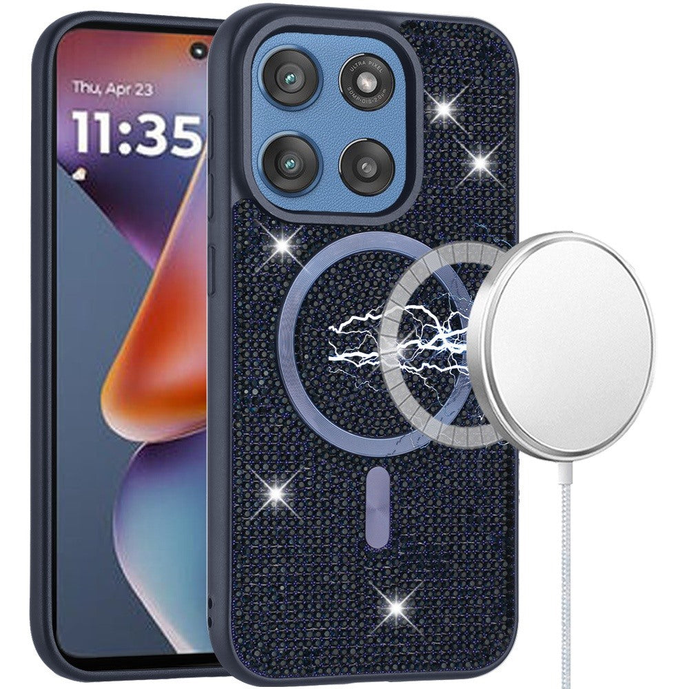 For Moto G 2025 Case Magnetic Circle Full Bling Crystals Dazzle + Tempered Glass