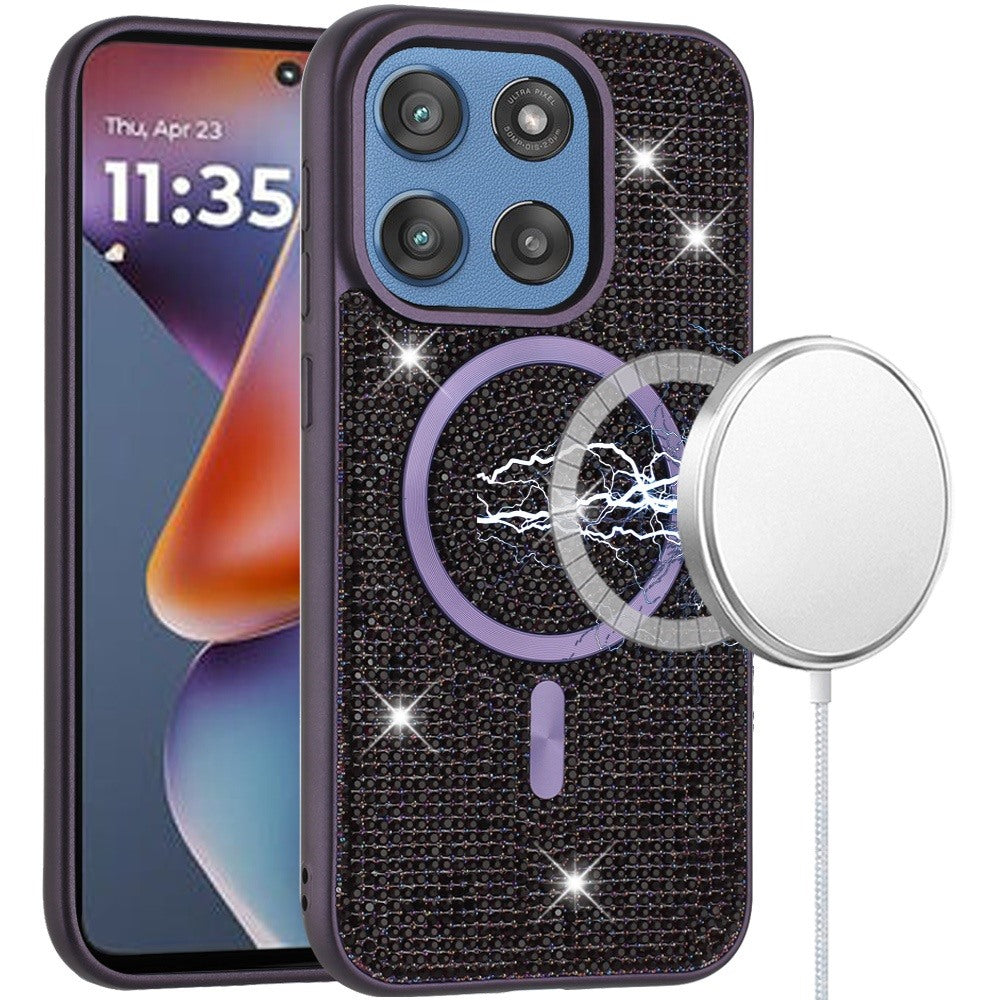 For Moto G 2025 Case Magnetic Circle Full Bling Crystals Dazzle + Tempered Glass