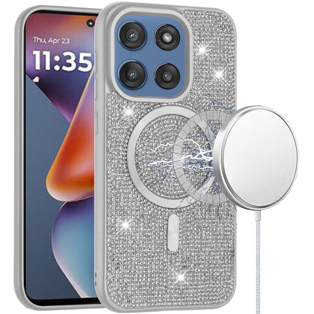 For Moto G 2025 Case Magnetic Circle Full Bling Crystals Dazzle + Tempered Glass