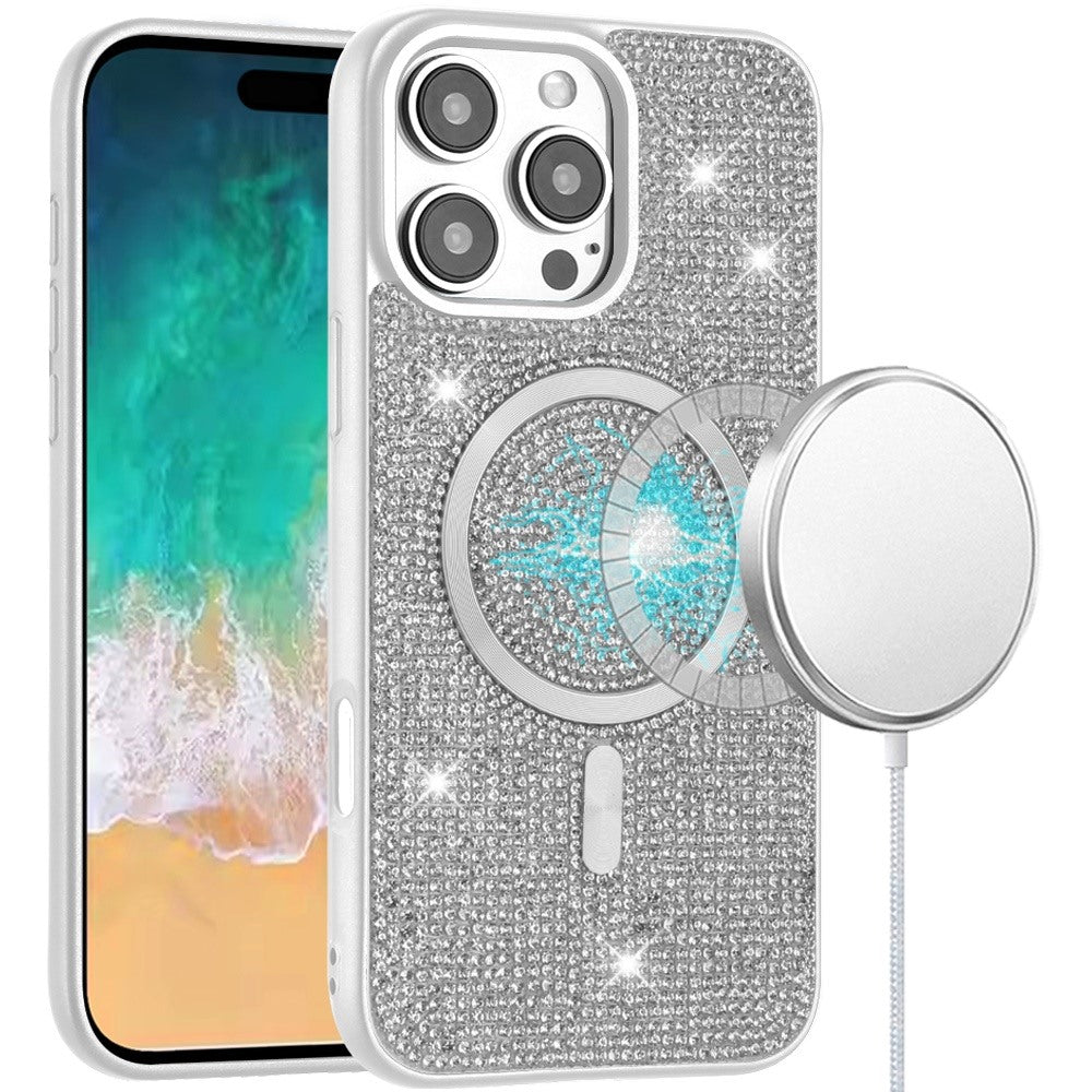 For iPhone 16 PRO MAX Case Magnetic Circle Full Bling Dazzle + Tempered Glass