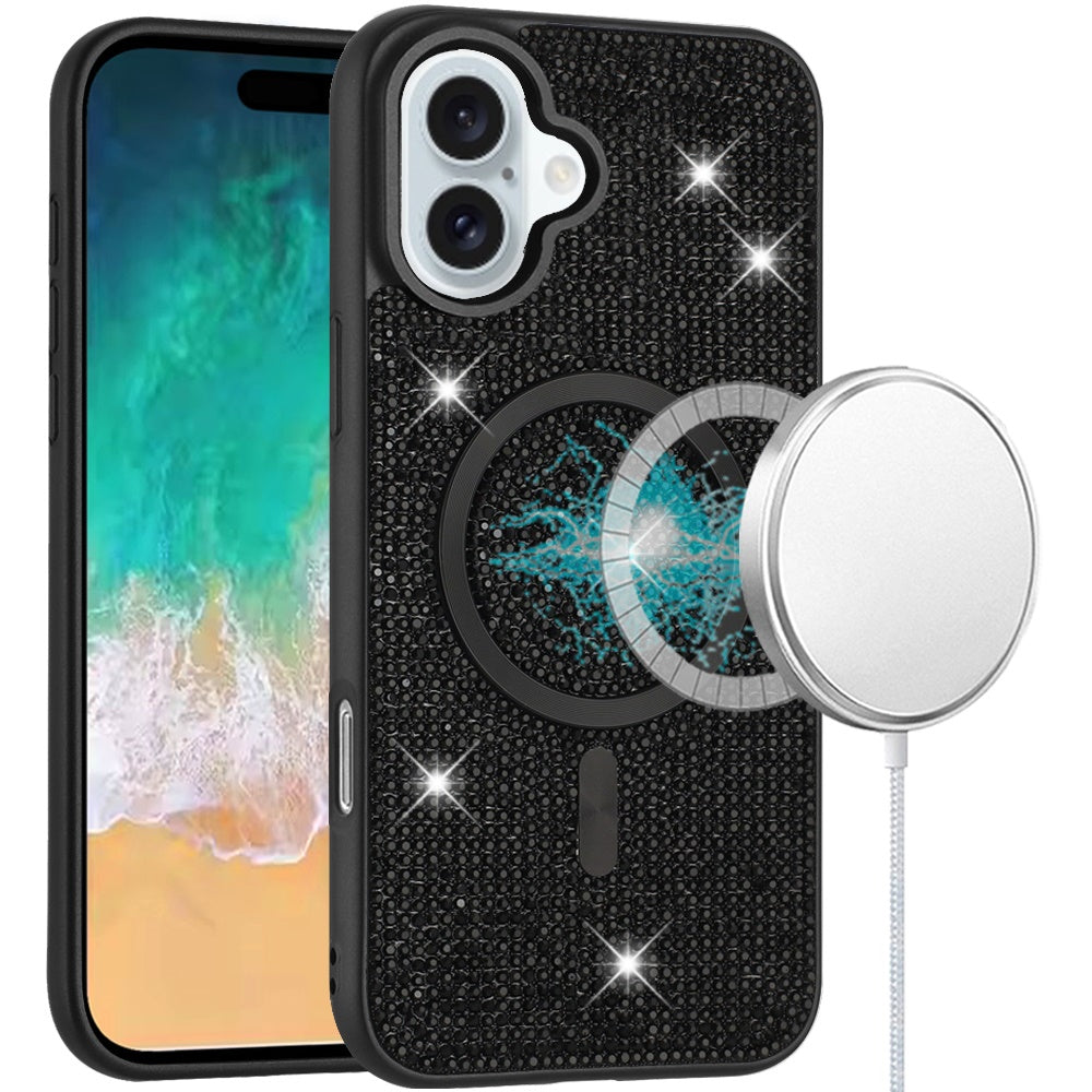 For iPhone 16 Plus 6.7in Case Magnetic Circle Full Bling Dazzle + Tempered Glass