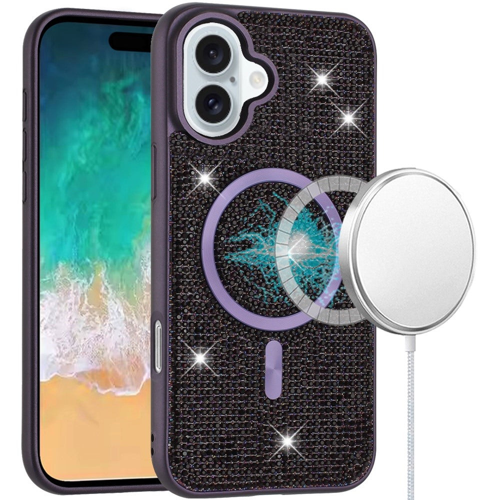 For iPhone 16 Plus 6.7in Case Magnetic Circle Full Bling Dazzle + Tempered Glass