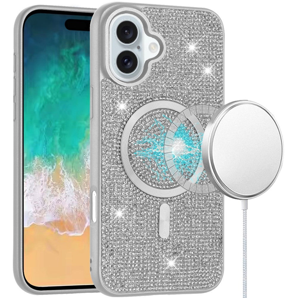 For iPhone 16 Plus 6.7in Case Magnetic Circle Full Bling Dazzle + Tempered Glass