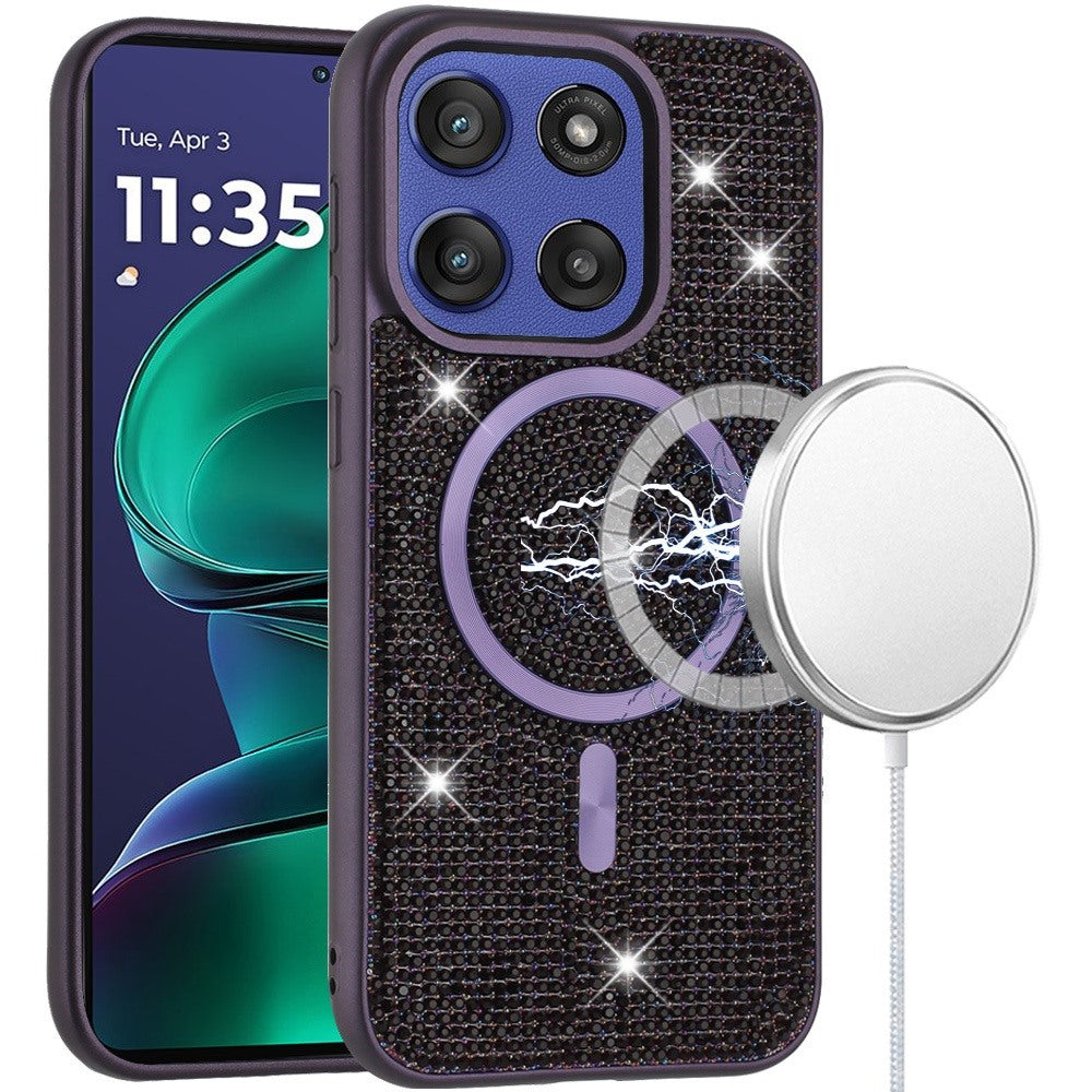 For Moto G Stylus 2025 Case Magnetic Circle Full Bling Dazzle + Tempered Glass