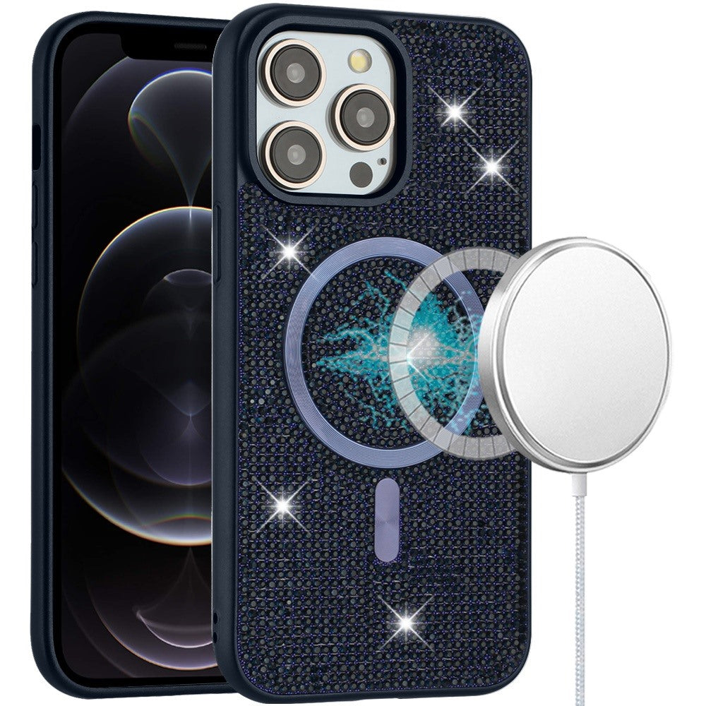 For iPhone 12 Pro Max Case Magnetic Circle Full Bling Dazzle + Tempered Glass
