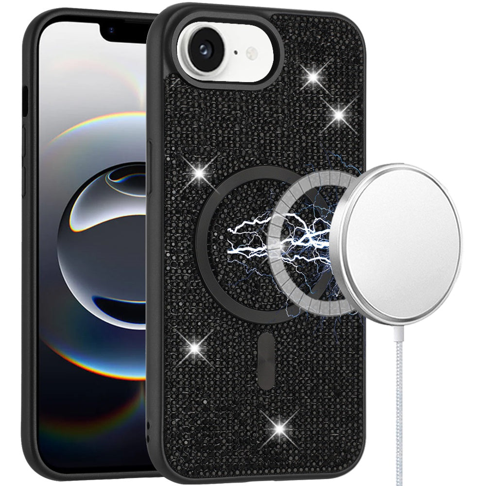 For iPhone 16e Case Magnetic Circle Full Bling Dazzle Cover + Tempered Glass