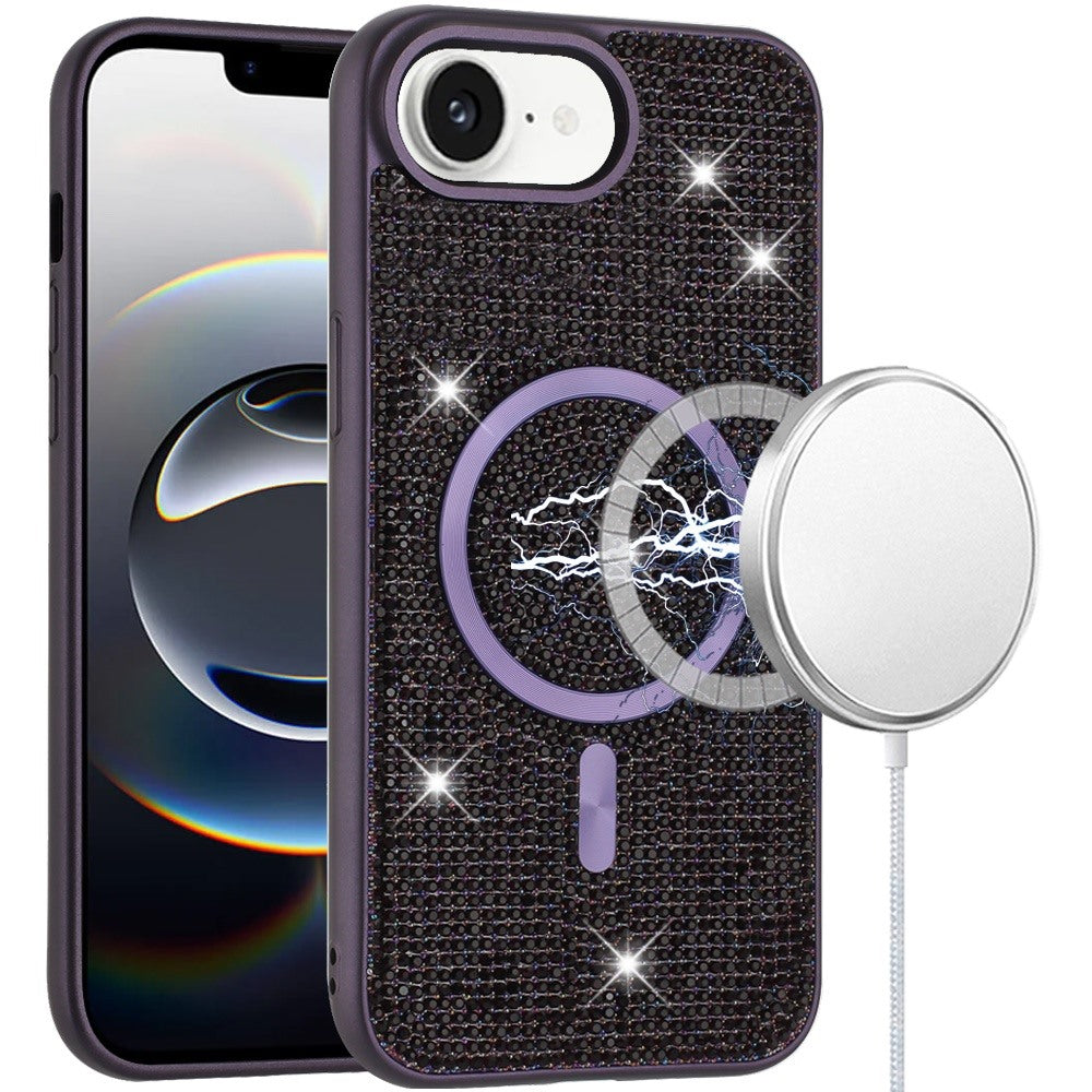 For iPhone 16e Case Magnetic Circle Full Bling Dazzle Cover + Tempered Glass