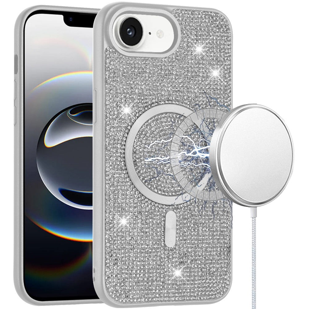 For iPhone 16e Case Magnetic Circle Full Bling Dazzle Cover + Tempered Glass