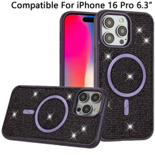 For iPhone 16 Pro 6.3in Case Magnetic Circle Full Bling Dazzle + Tempered Glass