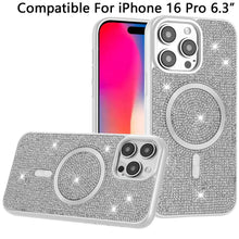 For iPhone 16 Pro 6.3in Case Magnetic Circle Full Bling Dazzle + Tempered Glass