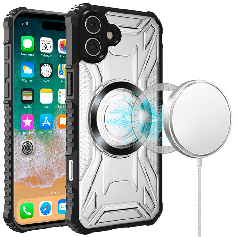 For iPhone 16 Plus 6.7in Case Magnetic Circle Shock Absorbent +Tempered Glass