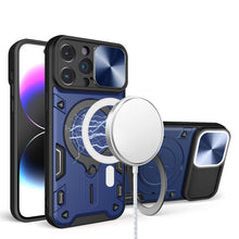 For iPhone 11 6.1 in. Case Magnetic Circle Stand Rear Lens Slide +Tempered Glass
