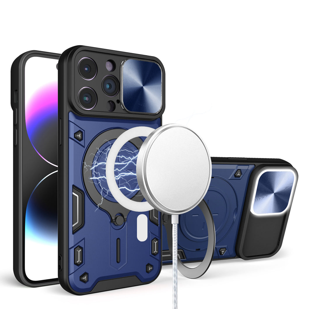 For iPhone 11 6.1 in. Case Magnetic Circle Stand Rear Lens Slide +Tempered Glass