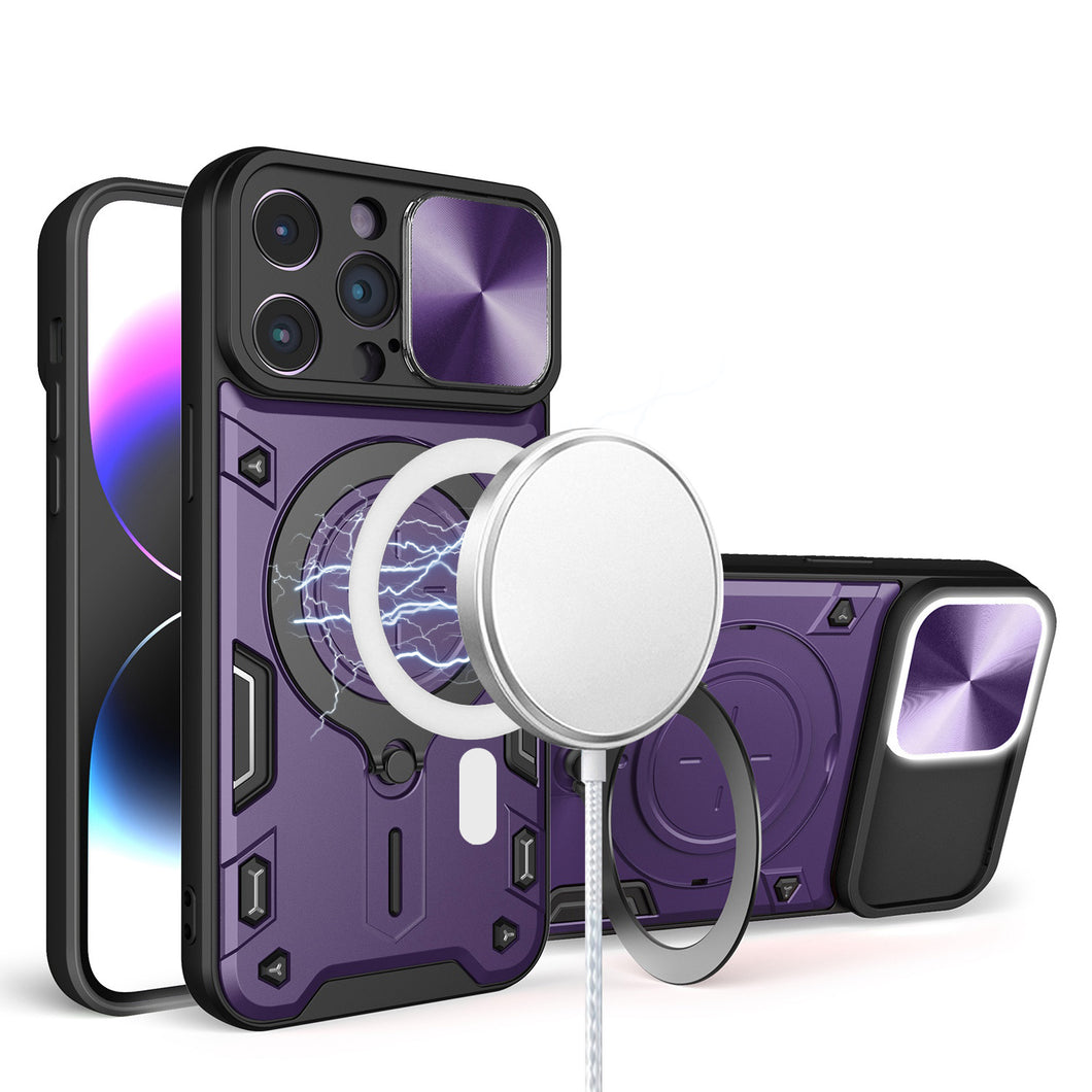 For iPhone 15 Case Magnetic Circle Stand with Lens Protection + 2 Tempered Glass