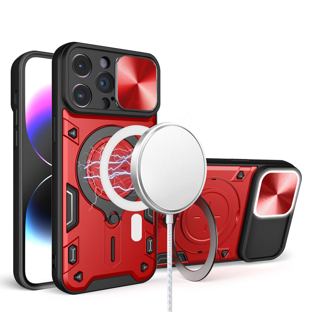 For iPhone 11 6.1 in. Case Magnetic Circle Stand Rear Lens Slide +Tempered Glass