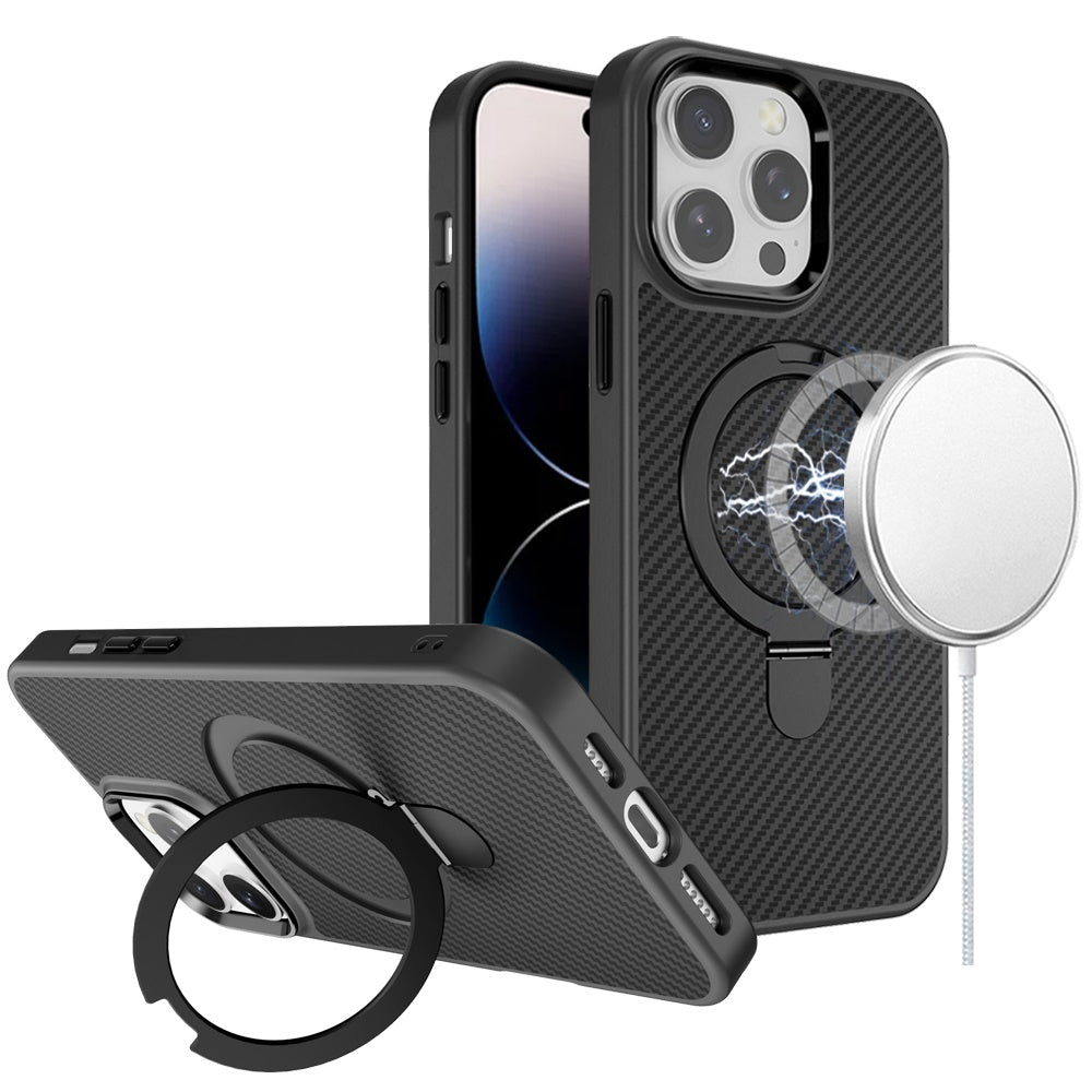 For iPhone 14 PRO MAX 6.7 in. Case Carbon Fiber Print Magnetic Circle Ring Stand
