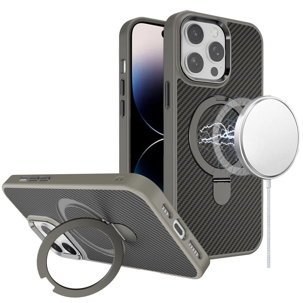 For iPhone 14 PRO MAX 6.7 in. Case Carbon Fiber Print Magnetic Circle Ring Stand