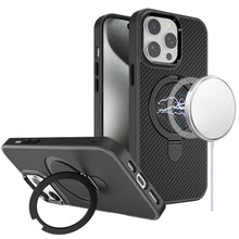 For iPhone 15 Pro Max Case Carbon Fiber Print RingStand Circle +2 Tempered Glass