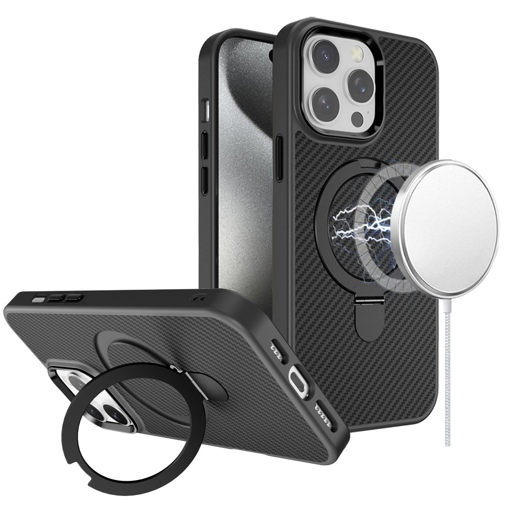 For iPhone 15 Pro Max Case Carbon Fiber Print RingStand Circle +2 Tempered Glass