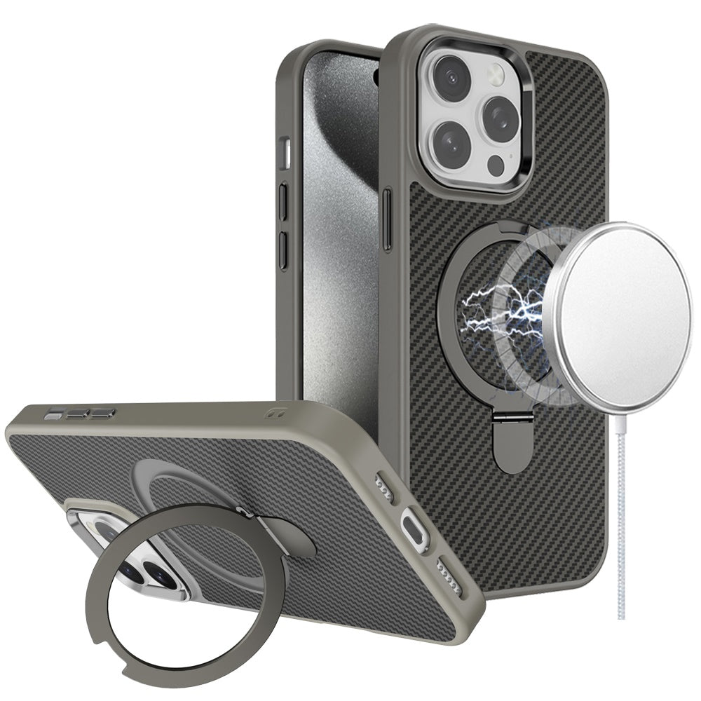 For iPhone 15 Pro Max Case Carbon Fiber Print RingStand Circle +2 Tempered Glass