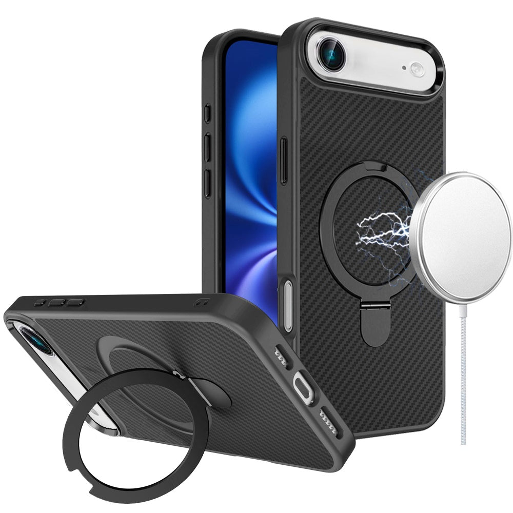 For iPhone Air Case Carbon Fiber Print Metal Stand Magnetic + Tempered Glass