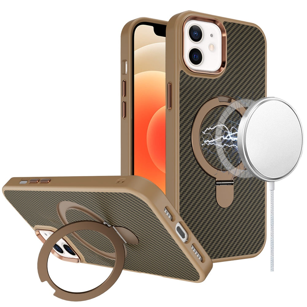 For iPhone 12/12 Pro Case Carbon Fiber Print Ring Stand Circle + Tempered Glass