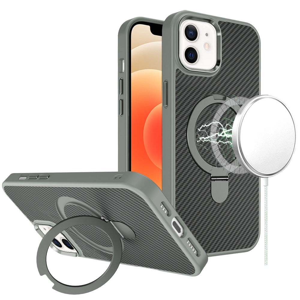 For iPhone 12/12 Pro Case Carbon Fiber Print Ring Stand Circle + Tempered Glass