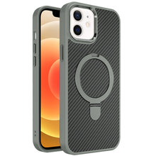 For iPhone 12/12 Pro Case Carbon Fiber Print Ring Stand Circle + Tempered Glass