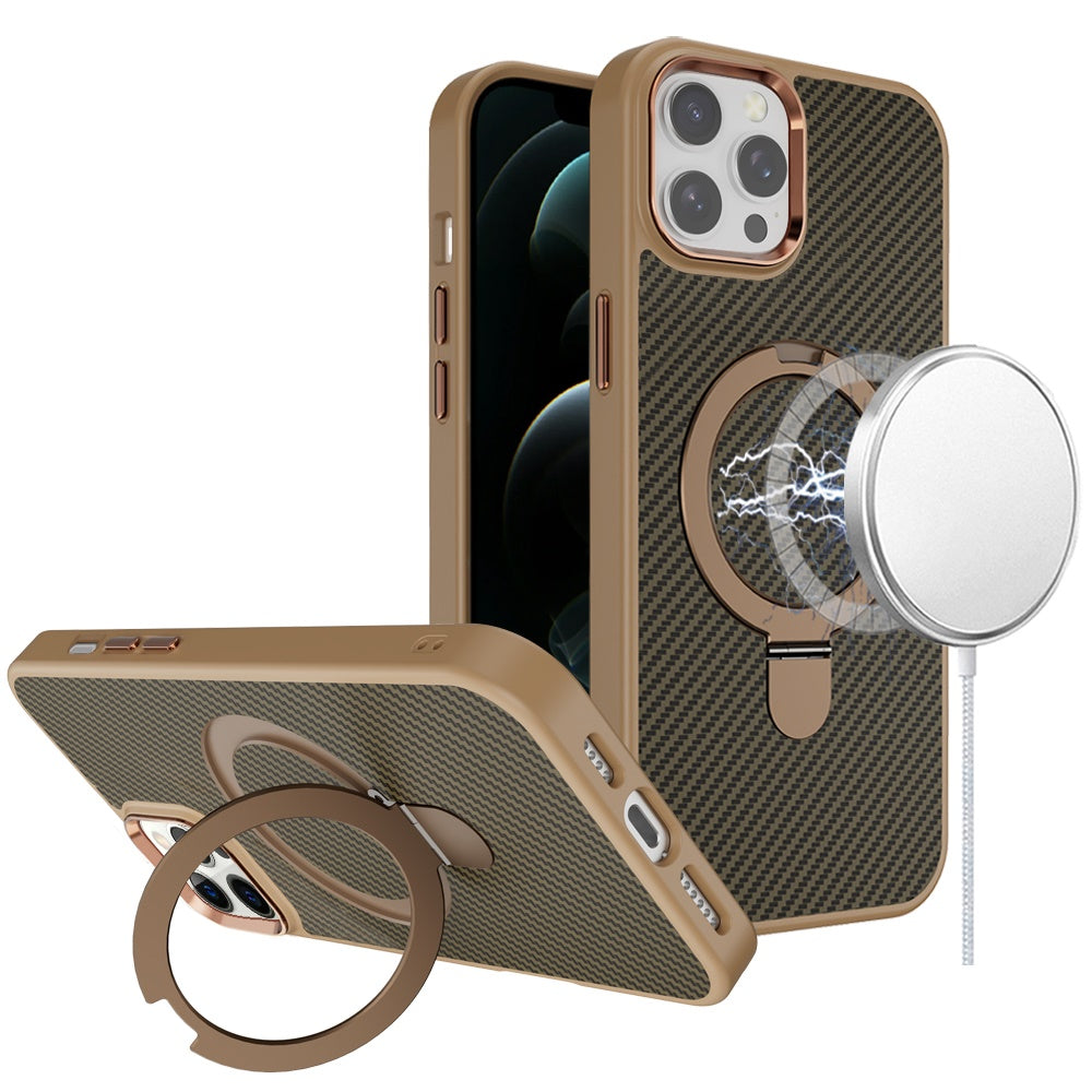 For iPhone 12 Pro Max Case Carbon Fiber Print Ring Stand Circle + Tempered Glass