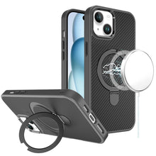 For iPhone 15 Case Carbon Fiber Print Ring Stand Circle Cover + 2 Tempered Glass